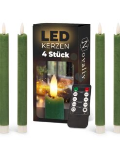 Novaliv Stabkerzen LED mit Timer und flackernder Flamme Grün 4 Stück indoor - 6 Stunden - ECHTWACHS 23cm Höhe 2,2cm Durc