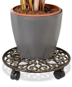 1 x Pflanzenroller Gusseisen, stabil, wasserresistent, ideal für Blumentopfe, 4 Rollen, Ø 33,5 cm, Bronze