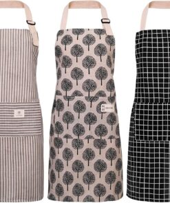 3 Stück Baumwoll-Leinen Wasserdichte Küchenschürze verstellbar mit Taschen für Damen und Männer beige