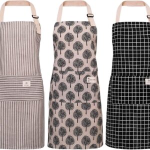 3 Stück Baumwoll-Leinen Wasserdichte Küchenschürze verstellbar mit Taschen für Damen und Männer beige