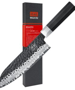 SHAN ZU Santoku Messer 19cm - Japanischer 10Cr15MoV Kohlenstoffreicher Edelstahl mit 7-Schicht Handgeschmiedetem Design