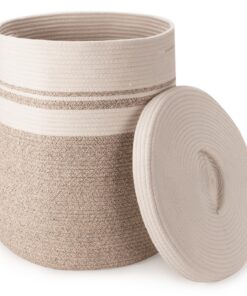 Wäschekorb für Decken mit Deckel, Baumwoll Seil Korb, 58L, für Wohnzimmer, Platzieren Decken Kissen, 38 x 50cm (Braun)