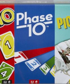 UNO, Phase 10 und Pic Flip Kombi-Handeltasche, 3 Brettspiele für Spieler ab 7 Jahren, schmuckvolles Spielzeugfach, Gesch