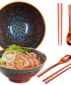 2x Keramische Ramenschüssel - 1200ml - 20 cm - inklusive Löffel & Essstäbchen für Asiant Nudeln, Pho, Udon (2 Sonderfarb