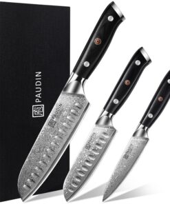 PAUDIN Ultra Scharfe Damastmesser 3-teilig Küchenmesser Set für Profis mit Japanischem Stahl Kern und Ergonomischem Grif