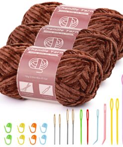 Chenille Garn für Stricken und Häkeln (Braun) - 3 x 100 g, Samtig weicher Filzfäden mit Nadeln