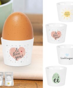 Cepewa Eierbecher 4er Set mit Gute Laune Sprüche | Porzellan weiß 4 Motive 5x4cm