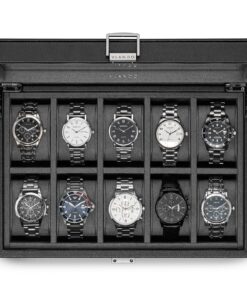 Vlando Uhrenetui Grau für Herren, großer Glasdeckel, Business-Strukturleder, 52 mm weiches Kissen, Geschenkidee für Väte