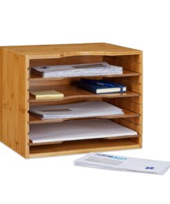 Relaxdays Bambus Briefablage für Schreibtisch mit 4 variablen Einlegeböden 26 x 33 x 24,5 cm