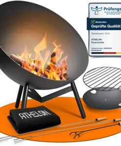 Feuerschale Ø 60 cm mit Kipp-Mechanismus - wetterfeste Stahl-Feuerstelle für Garten, Terrasse & Balkon inkl. Zubehör & A