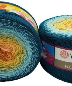 YarnArt Flowers Bobbel Wolle 55% Baumwolle 500 GrammGrün Gelb Apricot Farbverlauf