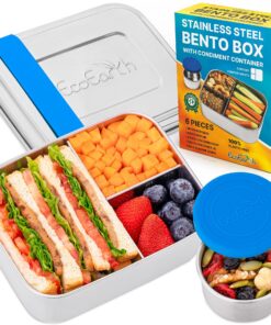 EcoEarth Edelstahl-Bento-Box 800 ml Blau - Auslaufsichere Lunchbox mit 3 Fächern & Gewürzbechern für Erwachsene