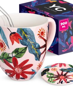 YC YANG CHAI Jumbotasse 900ml - Knochenporzellan Groß - Geschenkset mit Untersetzer