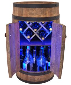Rustikaler Weinregal mit RGB-LED-Beleuchtung für Hausbar - Weinständer 80 cm - Fassbar mit Weinhalter - Holzfass