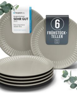 Steingut Frühstücksteller 6 Personen Hellbraun Hygge TESTSIEGER Skandinavisches Set