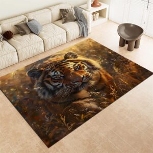 Srigzcaly rutschfeste Wohnzimmer-Teppich, Tiger Braun Dekor, Pflegeleicht Waschbar 80x150cm