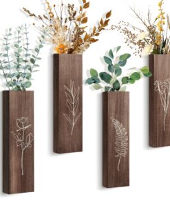 4er-Set Holz Wandpflanzgefäße + 20 Eukalyptusblätter | Hängende Vasen für stilvolle Wohnzimmer-Deko