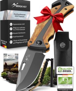 BERGKVIST® K30Titanium Zweihandmesser - Outdoor, Camping & Survival - Olivenholzgriff - 3-in-1 Taschenmesser mit Feuerst