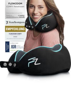 FLOWZOOM Comfy Nackenkissen für Fluggäste & Auto - Einstellbares Memoryschaum Nackenhörnchen mit flexiblen Druckknöpfen