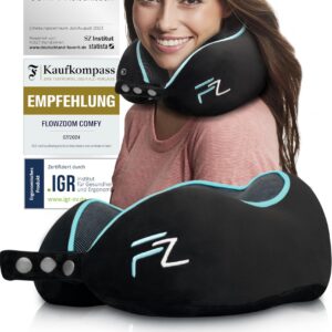 FLOWZOOM Comfy Nackenkissen für Fluggäste & Auto - Einstellbares Memoryschaum Nackenhörnchen mit flexiblen Druckknöpfen