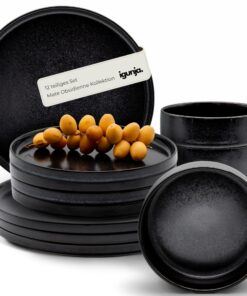 Steingut Geschirr Set Schwarz [12 teilig für 4 Personen] 100% Handfertigung Premium reaktive Glasur