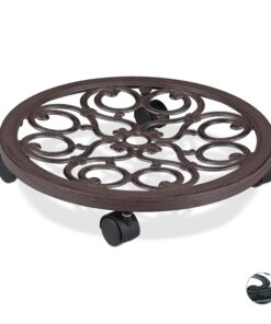 Relaxdays Pflanzenroller antik, metall, groß Ø 38 cm, Braun für innen & außen, Rollunterstützer für Blumentopf