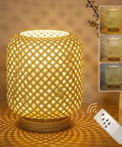 Klighten LED Tischlampe Naturholz Rattan Batteriebetrieben Dimmbar 3 Farbtemperatur K5500-7W-E27-EU