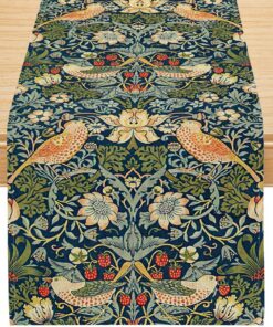 Morris Stil Tischläufer – Vintage Blumen & Vogel Muster, Klassische Botanische Deko für Esstisch & Wohnzimmer 33x92cm