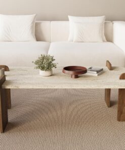 Klassischer Couchtisch Twinkle Travertin Braun Granit, moderner Sofatisch fürs Wohnzimmer, Ablagefunktion mit Schloss, S