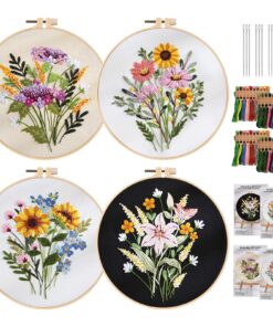 Embroidery Kit für Anfänger - 4 Sticken Set mit Rahmen & Farbfäden | Blumenmuster | Kreuzstich DIY Handwerk