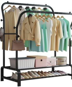 SMILOVII Doppelruten Kleiderbügel für Schlafzimmer - Stabil mit 8 Haken und 2 Schuhregalen - Multifunktionaler Garderob