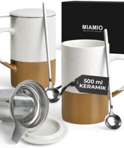 MIAMIO - Tee Tassen Set für Frauen - 2 x 500 ml Mikrowellen- & Spülmaschinenfest mit Deckel und Sieb - Geschenkidee (Bra