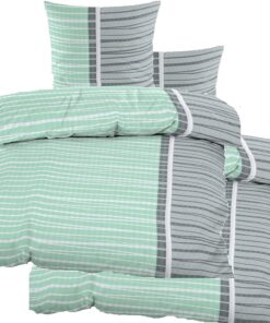 4-TLG. bügelfrei Microfaser Bettwäsche KH-Haushaltshandel, Querstreifen mintgrün grau, 2X 135x200 +80x80cm,Comfort-Steif