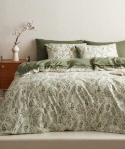 Öko-TeX Zertifizierte Grüne Bettwäsche Set für Allergiker | Wendebettwäsche Set 155x220 cm Blätter Blumen Pflanzen | Bu
