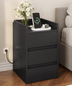 YITAHOME Nachttisch Schwarz mit 3 Schubladen und Ladestation, 2 USB-Anschlüssen und Steckdosen für Wohnzimmer und Schlaf
