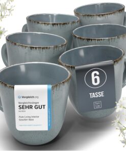 Pure Living Steingut Kaffeetassen 6 Personen Rustic TESTSIEGER Rauchblau