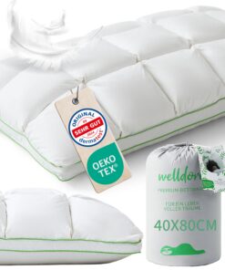 Welldora Premium Kopfkissen 40x80 | 100% Daunenfasern & Federn | Hochkomfortables Puffwolken-Kopfkissen für Schlaf & Ent