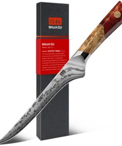 SHAN ZU WHITE TIGER Damast Filetiermesser 18cm – Ergonomischer Ahorngriff und Japanisches SG2-Pulverstahl – Für Profis u