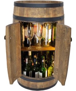 Fassbar mit 2 Türen und LED Beleuchtung - Holzfass 80x50cm Weinfass - Hausbar Vintage Flaschenregal für Männer