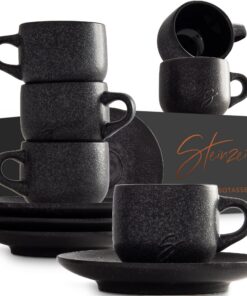 Steinzeit Design Espressotassen - 6x80ml - Stapelbare Mokkatassen für Espresso - Schwarz - Praktische Kaffeetassen mit U