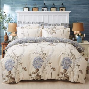 Freyamy Blumen Bettwäsche Beige Bunt Floral 100% Microfaser Weiche Mädchenbettwäsche-Sets 135x200cm 80x80cm Reißverschlu