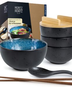 Moritz & Moritz 4x Schwarz blaues Keramik Ramen Schüssel - 600 ml - Für 4 Personen - Suppe, Pho und Sushi Bowl - inkl. S