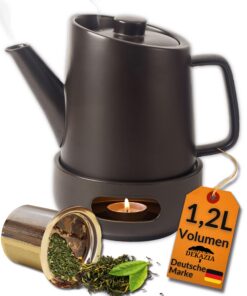 DEKAZIA Keramik Teekanne 1,2L mit Siebeinsatz für losen Tee Schwarz Steingut Set