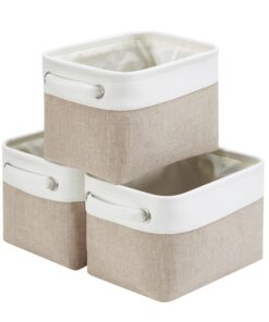 Mangata Kleine Canvas-Aufbewahrungsbox für Kleidung und Spielzeug, faltbar und mit Griffen, 3 Stück, Khaki-Weiß