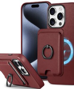 Shieldon Hülle für iPhone 15 Pro [Echtleder] [Kabellos Aufladen] [Weinrot]