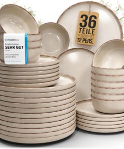 Steingut Geschirrset 12 Personen TESTSIEGER - Rustic Design, Hochwertiges Tafelservice für 12 Personen, Beige Farbe