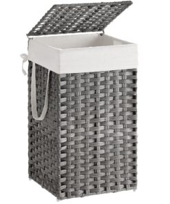 SONGMICS Wäschekorb mit Deckel ULCB165G01-Taubengrau, faltbar, herausnehmbar, 65 l, synthetisches Rattan, praktisch für