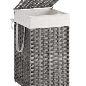 SONGMICS Wäschekorb mit Deckel ULCB165G01-Taubengrau, faltbar, herausnehmbar, 65 l, synthetisches Rattan, praktisch für
