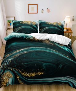 Luowei Marmor Muster Microfaser Bettwäsche Set 220x240 cm Dunkelgrün Gold Luxus Modern