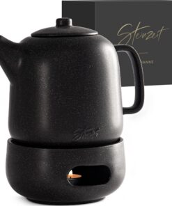STEINZEIT Design Teekanne mit Stövchen - Edelstahl mit Siebeinsatz - Keramik mit Glasur - 1,3L - Schwarz - Tee aufbewahr